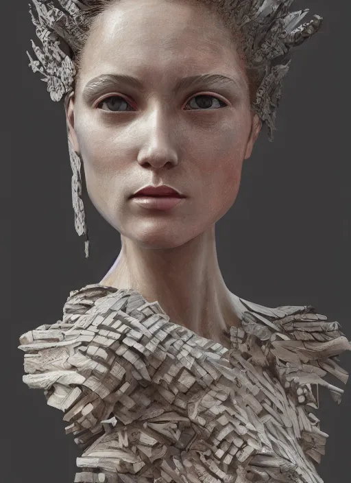 Image similar to sculpture made of wood, portrait, female, future, harper's bazaar, vogue, magazine, intricate, concept art, close up, ornate, luxury, elite, elegant, trending on artstation, by ruan jia, by Kenneth Willardt, by ross tran, by WLOP, by Andrei Riabovitchev,