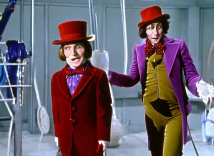 Image similar to film still of Robin Williams as Willy Wonka in Willy Wonka and the Chocolate Factory 1971