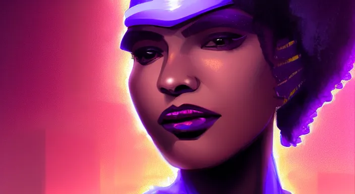 Image similar to portrait of beautiful cyberpunk black woman, rio de janeiro!! pao de acucar!! corcovado ipanema!! on the background, soft purple lighting digital art trending on artstation concept art