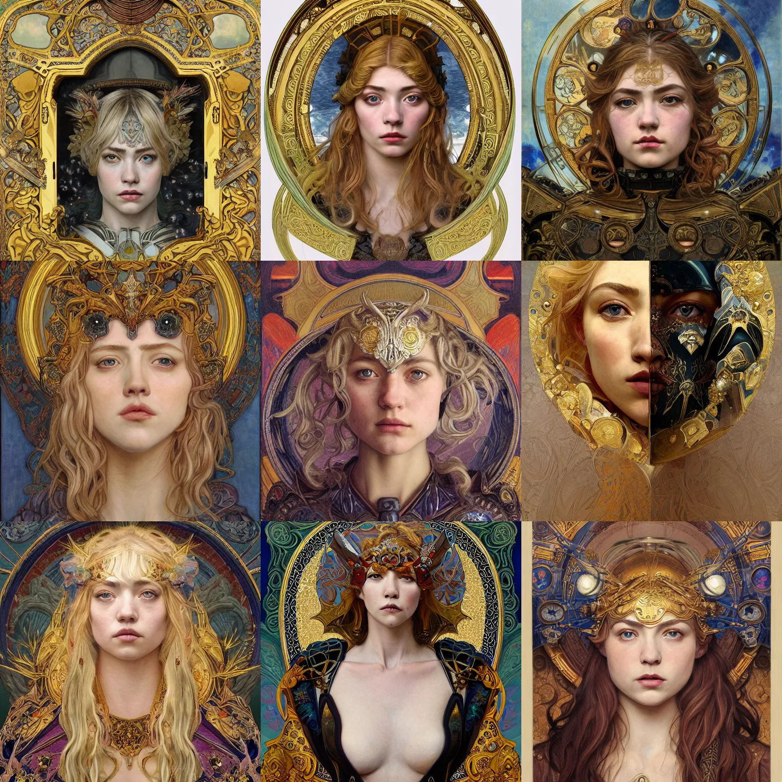 Prompt: masterpiece head-on symmetrical centered painted portrait, Imogen Poots as a warrior paladin, blonde hair, golden halo, ornate iron armour, Mucha art nouveau style, elegant, distant, in the style of Edgar Maxence and Ross Tran and Zdzisław Beksiński and Michael Whelan and gustav dore and H.R. Giger, 8k, octane render