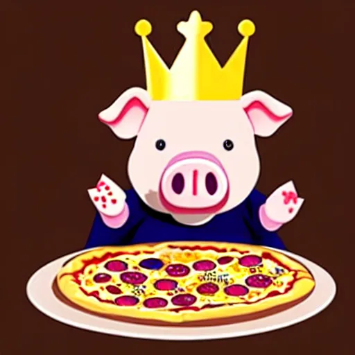 Image similar to realistic photo of a cute plush pig wearing a gold crown eating a pizza at a table with a bib on, high quality, cinematic concept art