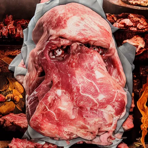 Image similar to an 8 k uhd digital photo of a zombie with crumpled on the bathroom floor showing meat over a pile of meat and tendon