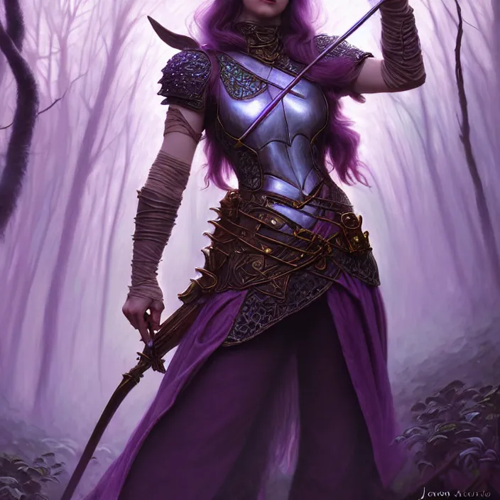 Prompt: d & d bard with her lilac leather armor in a forest, volumetric lighting, fantasy, intricate, elegant, highly detailed, lifelike, photorealistic, digital painting, artstation, fox ears illustration, concept art, sharp focus, by john collier and albert aublet and krenz cushart and artem demura and alphonse mucha