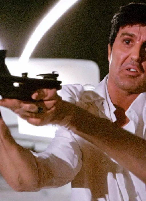 Image similar to film still of kim kardashian as Tony Montana firing a rifle in Scarface, cinematic lighting, finale scene