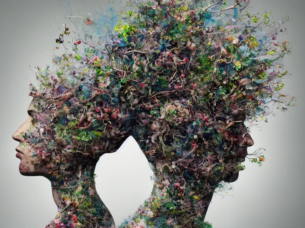 Prompt: a artistic multicalors zoom out picture with singular human -tree with crown like mycelium blossom branches highly detailed, flowers and plants by Alberto Seveso, by Alessio Albi