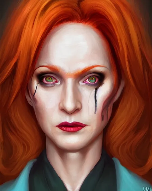 Prompt: Dana Scully as an elf warlock, colorful robes, laughing, pointed ears, casting chaos magic, D&D character art, realistic digital painting, fantasy art, digital painting, character portrait, intricate ornamentation, by WLOP, Artstation Trending, Wayne Reynolds