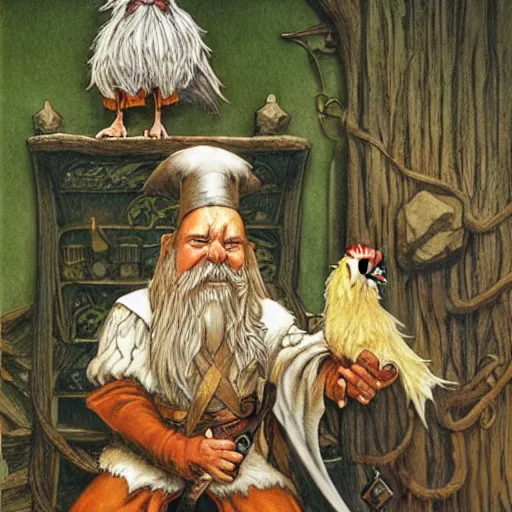 Prompt: fantasy storybook illustration of a portrait of wizard with a long white beard and a wizard hat holding a pet chicken, dungeons and dragons, by Larry Elmore and John Howe and Alan Lee