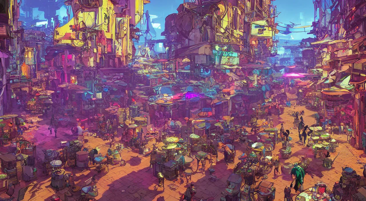 Image similar to bazaar zouk oriantal full color sky shine place mosquet painting stylized digital illustration video game icon global illumination ray tracing that looks like it is from borderlands and by feng zhu and loish and laurie greasley, victo ngai, andreas rocha, john harris