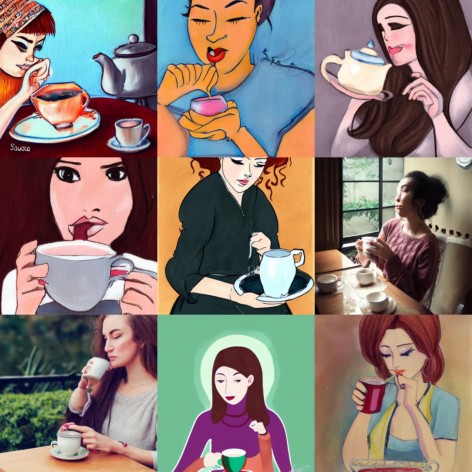 Prompt: Woman drinking tea by Sasoura