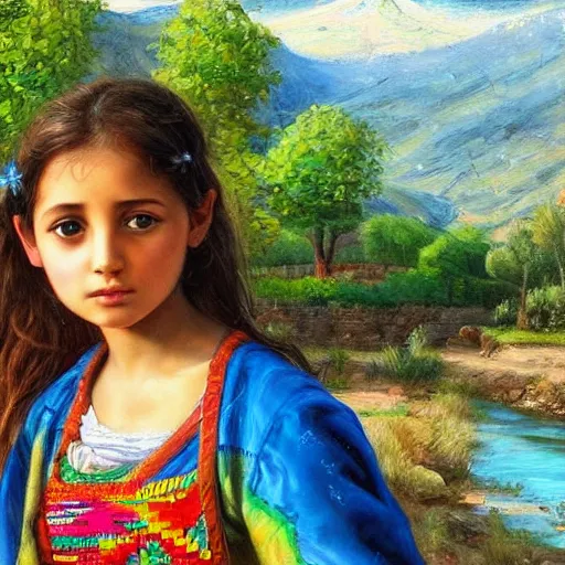 Prompt: beautiful painting by sophie anderson of a beautiful young kurdish girl by a river in a kurdish village, award winning art, insanely detailed, bright colors, global illumination, cute, young, stunning