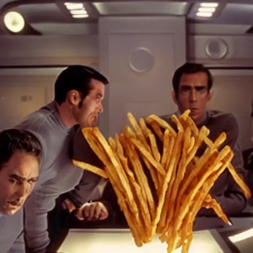 Image similar to Monsters made of French Fries, fighting Star Trek Engineers in the mess, film still from the movie directed by Denis Villeneuve with art direction by Salvador Dalí,