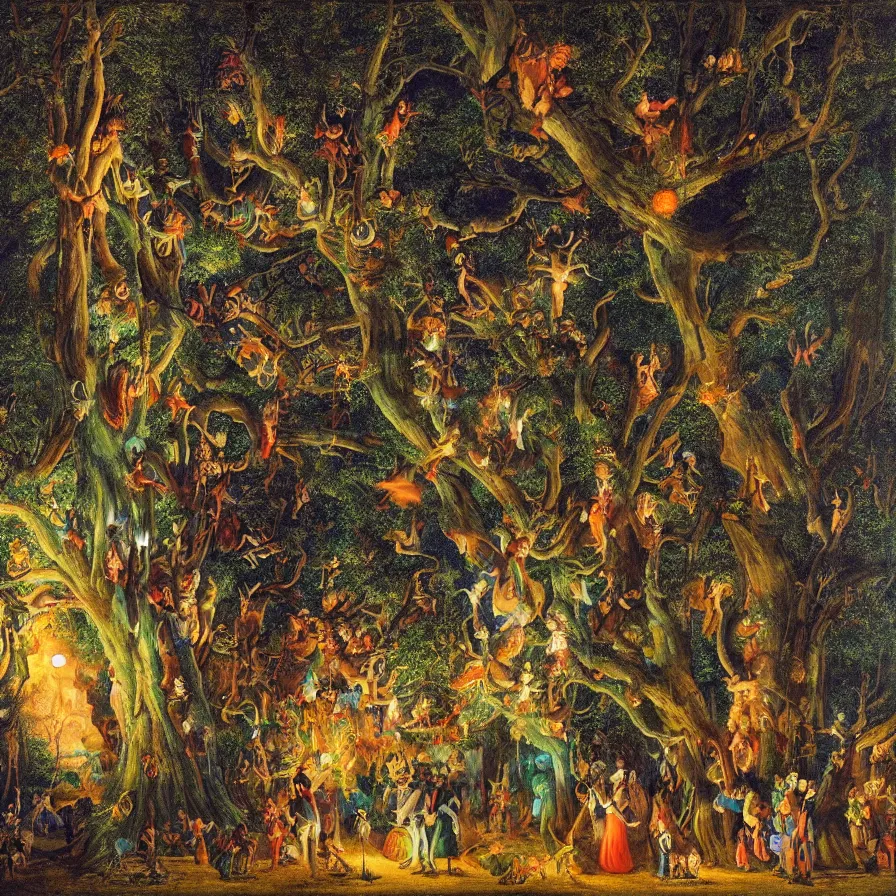 Image similar to a night carnival around a magical tree cavity, with a surreal orange moonlight and fireworks in the background, next to a lake with iridiscent water, christmas lights, folklore animals and people disguised as fantastic creatures in a magical forest by summer night, masterpiece painted by philipp veit, dark night environment