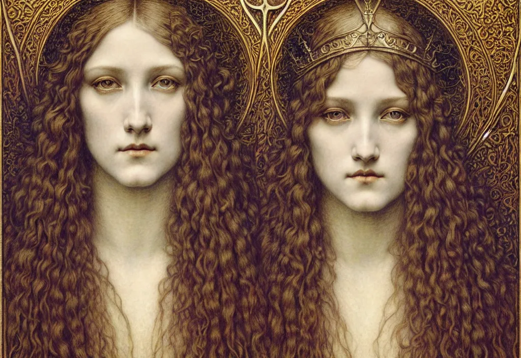 Image similar to detailed realistic beautiful young medieval queen face portrait by jean delville, gustave dore and marco mazzoni, art nouveau, symbolist, visionary, gothic, pre - raphaelite. horizontal symmetry