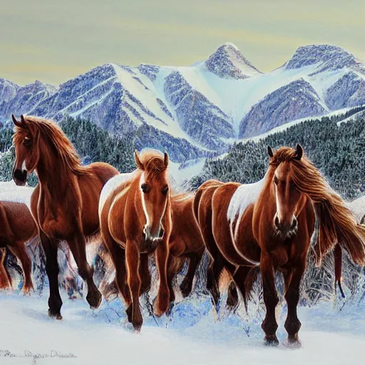 Image similar to painting of a herd of wild horses on a snowy mountain in the style of Bev Doolittle, HD, Detailed, Realism