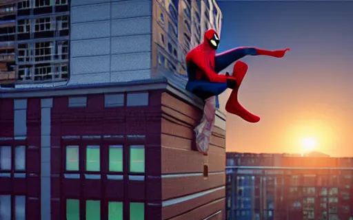 Image similar to spider - man on top of a building in new york watching the sunset, unreal engine 5, render, cg society