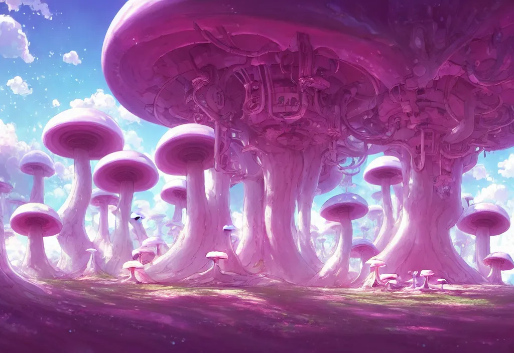 Image similar to a small chubby pink futuristic castle in a forest of giant white mushrooms, intricate oil painting, high detail illustration, sharp high detail, manga and anime 1 9 9 9, official fanart behance hd artstation by jesper ejsing and makoto shinkai, 4 k,