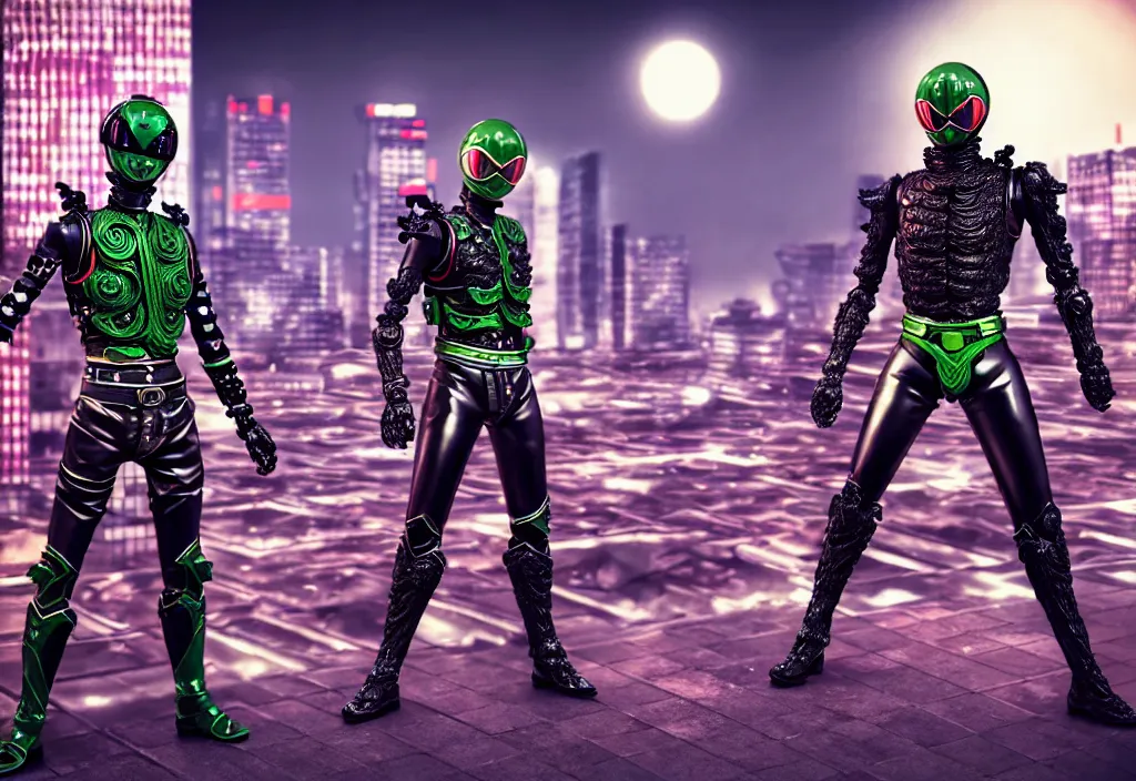 Image similar to big belted kamen rider hero action pose, human structure concept art, human anatomy, full body hero, intricate detail, hyperrealistic art and illustration by a. k. a limha lekan a. k. a maxx soul and alexandre ferra, global illumination, blurry and sharp focus, on future tokyo night rooftop, frostbite engine