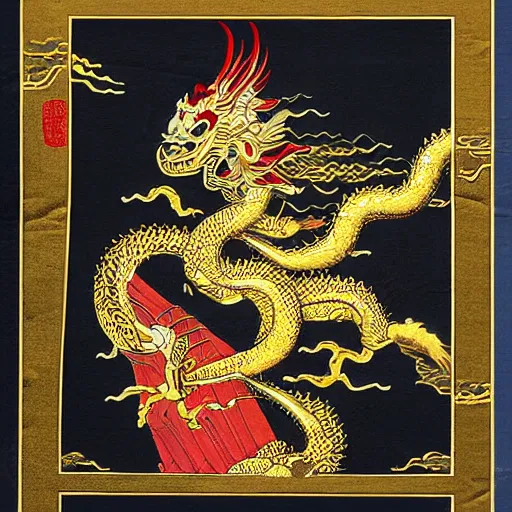 Image similar to oriental white and gold eastern dragon in a traditional chinese art style, red background, detailed