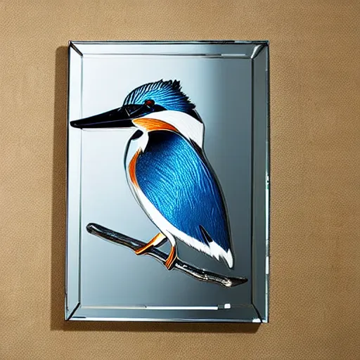 Image similar to wall art of a real life kingfisher made out of reflective crystal and very reflective polished metal, in the background is a forest, product photography