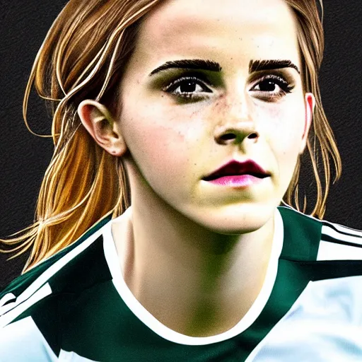 Image similar to a portrait of emma watson as a lokomotiv football player, hyper realistic, highly detailed