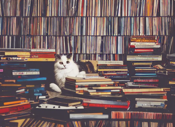 Prompt: photography of a Cat sitting on a pile of books and vinyls. a record player is in the shot. in a room full of vinyls and posters out of the 70's, photorealistic, raining award winning photo, 100mm, sharp, high res