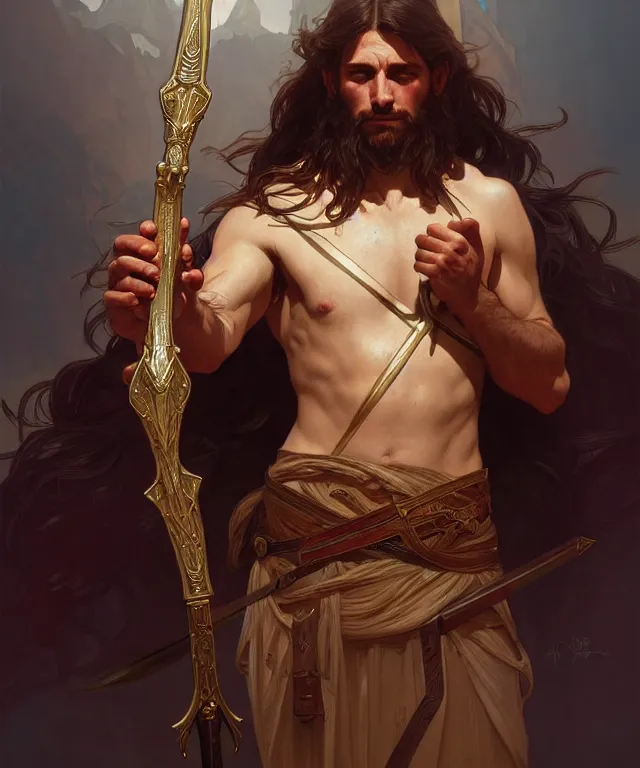 Prompt: portrait of biblical cain holding a lance, intricate, headshot, highly detailed, digital painting, artstation, concept art, sharp focus, cinematic lighting, illustration, art by artgerm and greg rutkowski, alphonse mucha, cgsociety