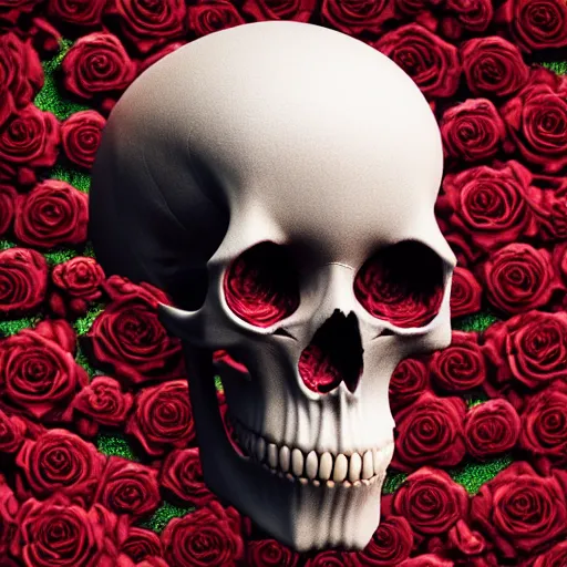 Image similar to skull made of red roses, organic horror, devil, death, giger, epic, baroque, art nouveau, james jean, photorealistic render, 3 ds max + v - ray, extremely detailed and intricate, center composition, elegant, vfx, unreal engine 5, octane render, extremely contrast, extremely sharp lines