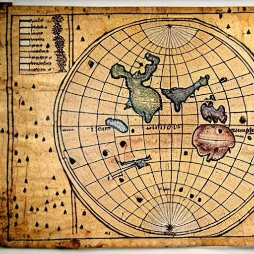 Prompt: detailed map of a planet teeming with ancient history, printed on parchment, 8 k