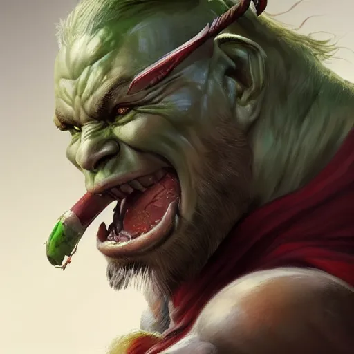 Prompt: portrait of an orc barbarian with green skin and red eyes with white pupils, D&D, fantasy artwork of a single character, highly detailed, digital painting, artstation, smooth, sharp focus, illustration, art by artgerm and greg rutkowski and alphonse mucha