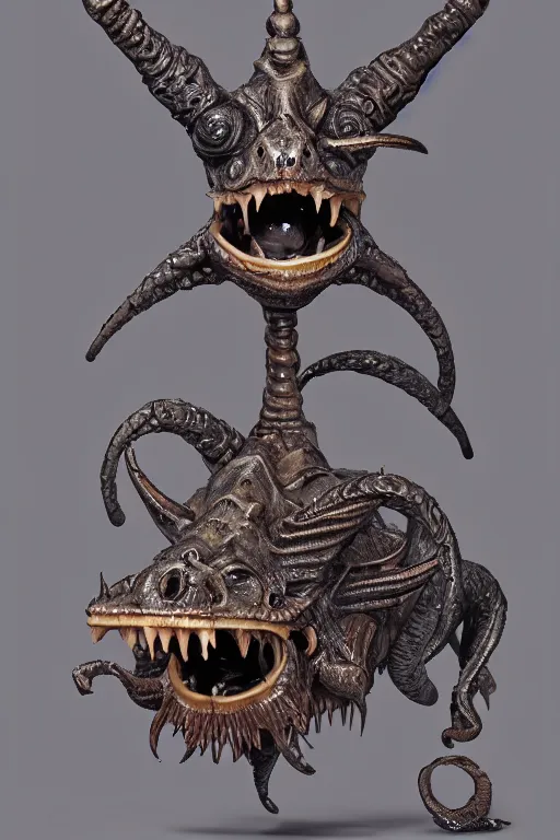 Prompt: sideview waist up portrait of anglerfish baphomet made with porcelain by jeff easley and peter elson, beautiful eyes and face, symmetry face, galaxy, gothic, surreal, dread, highly detailed, intricate complexity, epic composition, magical atmosphere, masterpiece, award winning, trending on artstation