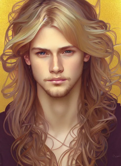 Image similar to pretty young man with shoulder length shiny sparkly golden blond hair, path traced, highly detailed, high quality, digital painting, by studio ghibli and alphonse mucha, leesha hannigan, disney