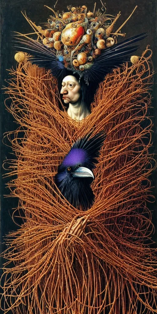 Prompt: a raven made of spaghetti, intricate and elegant feathers made of fractals of spagetthi, highly detailed, by giuseppe arcimboldo and ambrosius benson, renaissance, romanticism, intricate and intense oil paint, a touch of beksinski, realistic