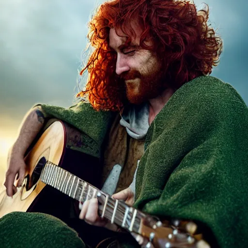 Prompt: side profile of a rugged man with curly red hair wearing a green cloak playing a guitar sitting on a roof top, medieval setting, atmospheric lighting, painted, intricate, volumetric lighting, beautiful, rich deep colours masterpiece, golden hour, sharp focus, ultra detailed, by leesha hannigan, ross tran, thierry doizon, kai carpenter, ignacio fernandez rios