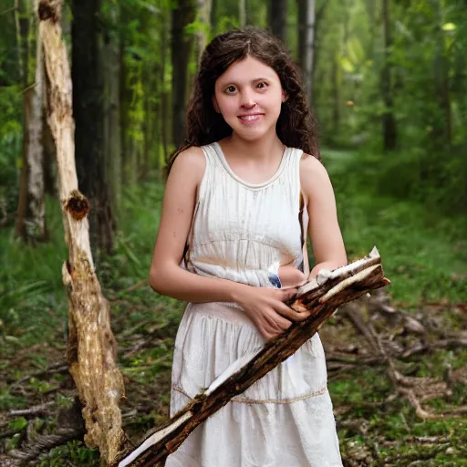 Image similar to a middle-school girl with unkempt wavy short brown hair wearing a white dress and holding a bundle of firewood, high resolution film still, 8k, HDR color