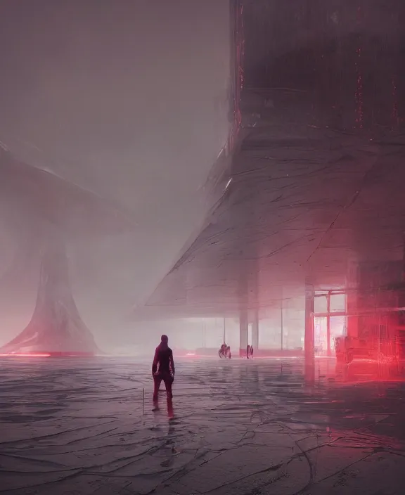 Image similar to surreal romantic prometheus horizontal white exploration base, red lights, building architecture by ruan jia, futuristic blame, white architecture in the beach in iceland, foggy, highly detailed, digital painting, arstation, concept art, hyperealistic octane render, unreal engine