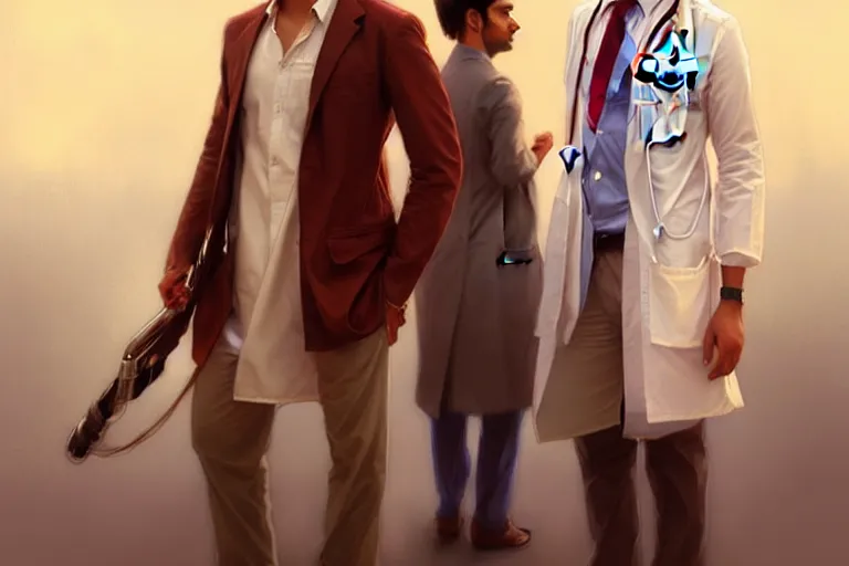 Image similar to Anxious good looking pale young Indian doctors wearing American clothes at the airport, portrait, elegant, intricate, digital painting, artstation, concept art, smooth, sharp focus, illustration, art by artgerm and greg rutkowski and alphonse mucha