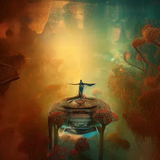 Image similar to beautiful symmetrical scateboarder jumps over the pond! silence again, surrounded by machine axonometric fantasy intricate elegant highly detailed in volumetric void of latent space lush flowers surround, realm of the gods golden turquoise steampunk, high contrast cinematic light, mystical shadows, octane render, photographic, concept art, art high renaissance art, unreal engine 8 k