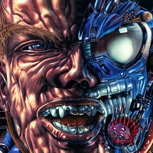 Image similar to portrait closeup of crazy terminator laughing, symmetrical, cinematic colors, by yoichi hatakenaka, masamune shirow, josan gonzales and dan mumford, ayami kojima, takato yamamoto, barclay shaw, karol bak, yukito kishiro