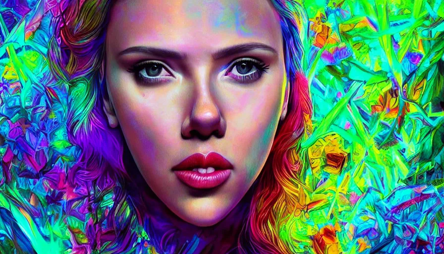 Image similar to scarlett johansson in psychodelic dmt lsd forest, photorealistic, artgerm, artwork by Arian, Mark