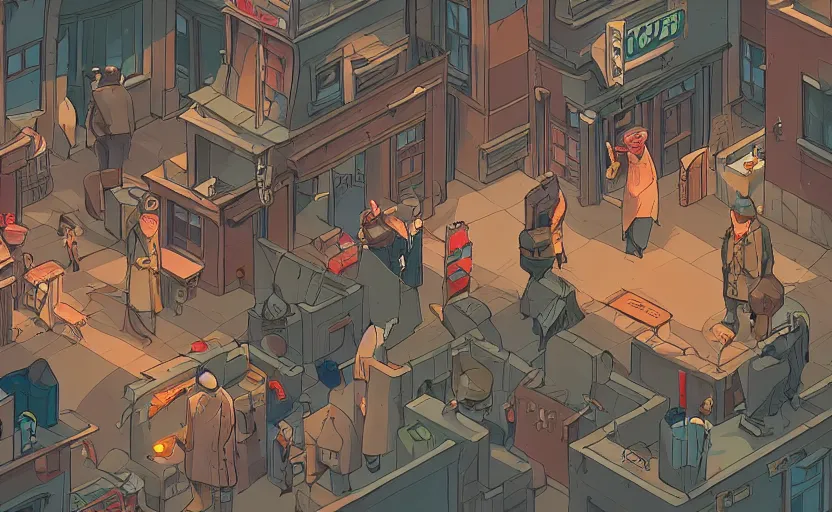 Prompt: townsmen meet the town detective to present a new case, moebius, james gilleard, print, game art