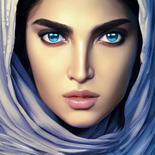 Prompt: greek arab, ameera al taweel , blue eyes, beautiful face, Hyper-realistic, Highly Detailed, HD, by Brom, by beeple, studio ghibli, wallpaper, highly detailed, trending on artstation