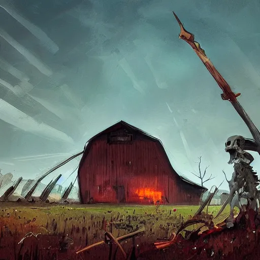 Prompt: a painting of a giant skeleton on a farm laying against a barn with a spear through its rib cage, concept art by ismail inceoglu, trending on artstation, environmental art, apocalypse art, 2 d game art, concept art