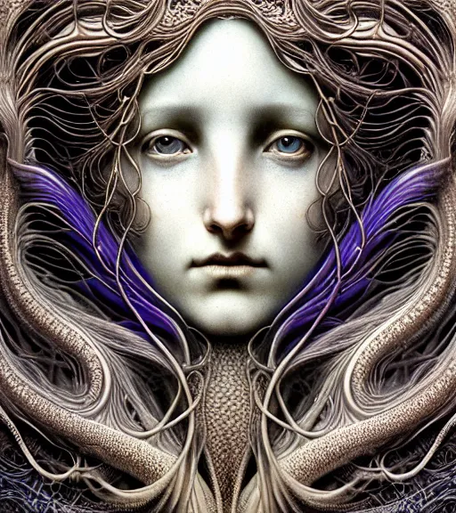 Image similar to detailed realistic beautiful wave goddess face portrait by jean delville, gustave dore, iris van herpen and marco mazzoni, art forms of nature by ernst haeckel, art nouveau, symbolist, visionary, gothic, neo - gothic, pre - raphaelite, fractal lace, intricate alien botanicals, ai biodiversity, surreality, hyperdetailed ultrasharp octane render