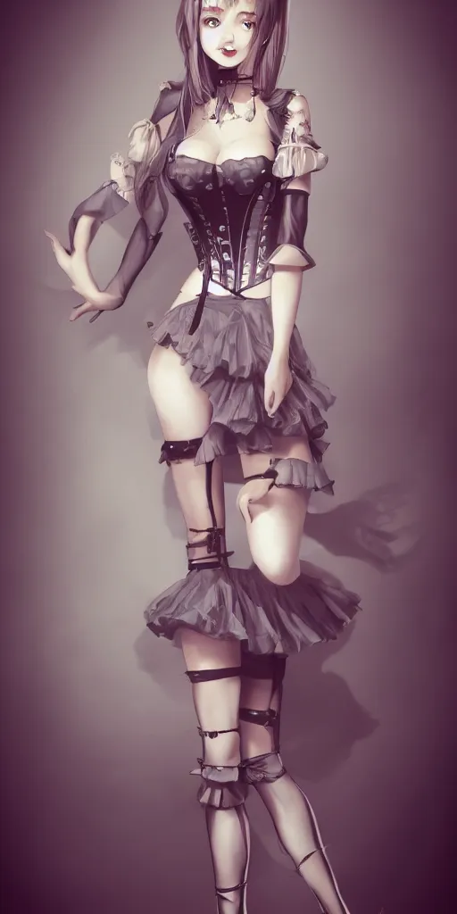 Image similar to photo of cute beautiful 18 year old girl in skirt, thigh highs and corset, full-length digital art, character design, trending on artstation,