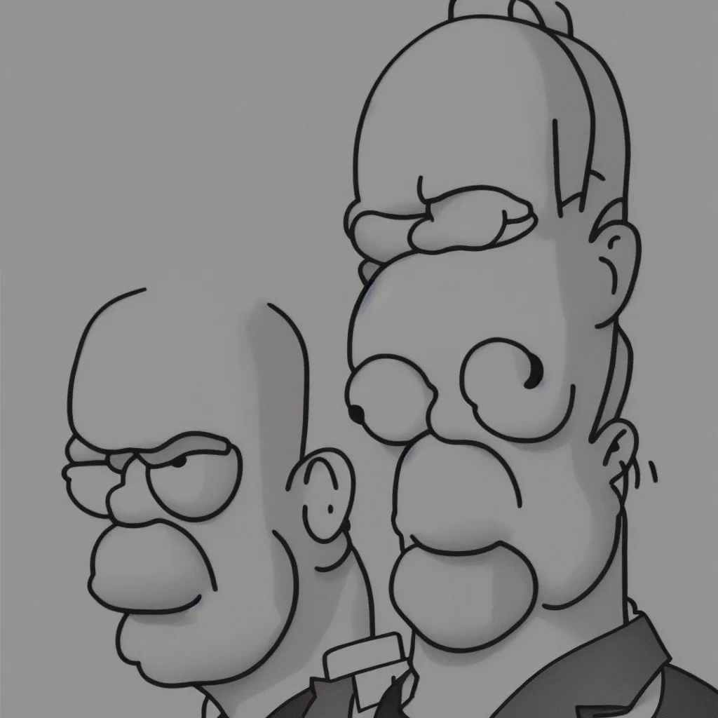 Image similar to portrait of homer simpson, high resolution, hyper realistic, sumi - e black and white style