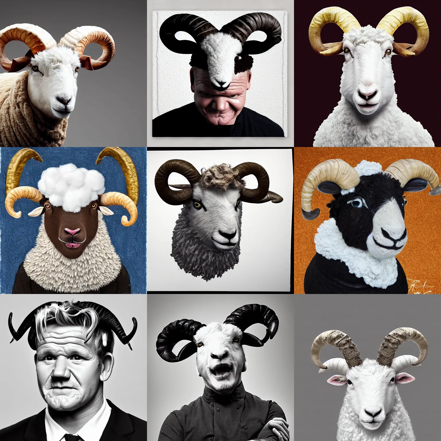 Prompt: portrait of gordon ramsay as a ram sheep with horns and wool