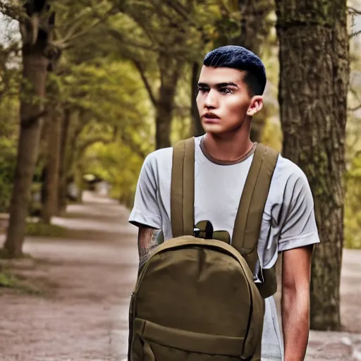 Image similar to Athletic Young man wearing a beige t-shirt and military backpack, Professional photography, Photorealism - W 768