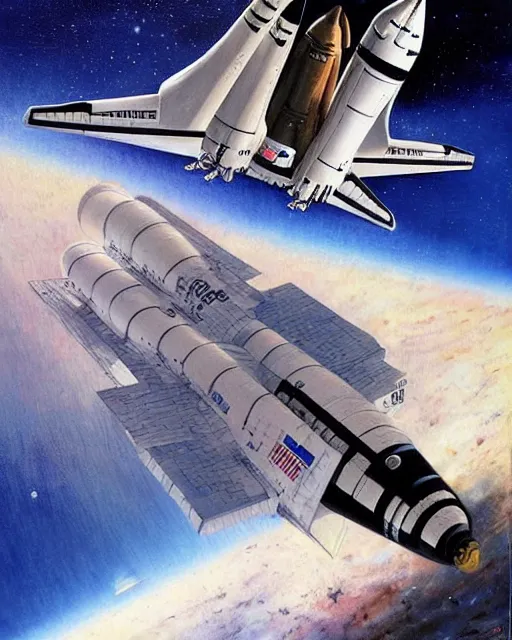 Image similar to a painting of a space shuttle and a space shuttle, concept art by don maitz and by vincent di fate and by robert mccall and by allan brooks and by ron walotsky, trending on pinterest, space art, sci - fi, concept art, redshift