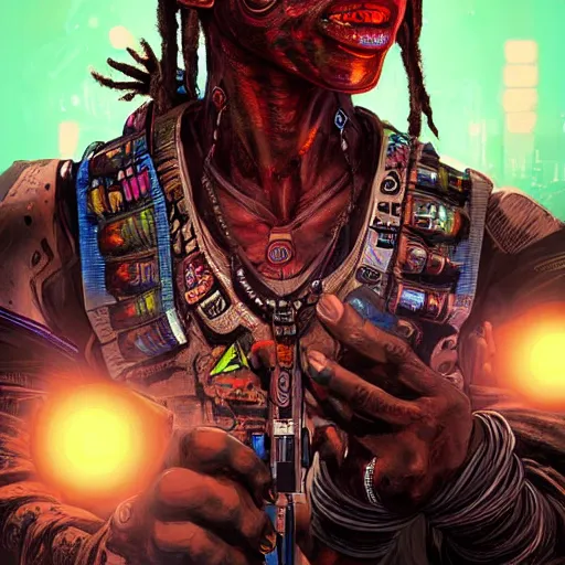 Image similar to a dark and ominous cyborg african child soldier with glowing eyes and dreadlocks, neon graffiti, Apex Legends character digital illustration portrait design, by android jones and greg rutkowski in a cyberpunk voodoo style, synthwave color scheme, detailed, cinematic lighting, wide angle action dynamic portrait