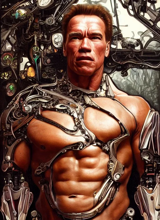 Image similar to arnold schwarzenegger as a organic cyborg, diffuse lighting, fantasy, intricate, elegant, highly detailed, lifelike, photorealistic, digital painting, artstation, illustration, concept art, smooth, sharp focus, art by john collier and albert aublet and krenz cushart and artem demura and alphonse mucha